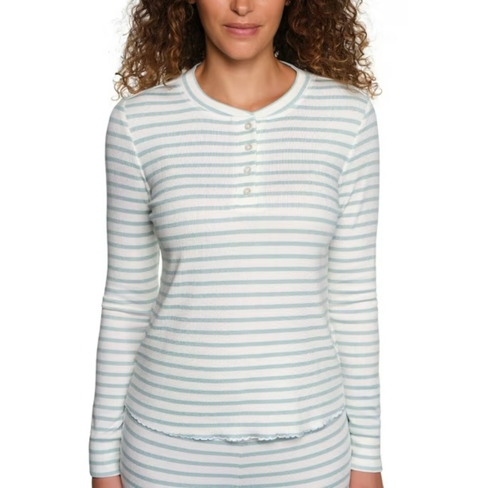 Loft Henley‎ striped pointelle pajama top green white size XL